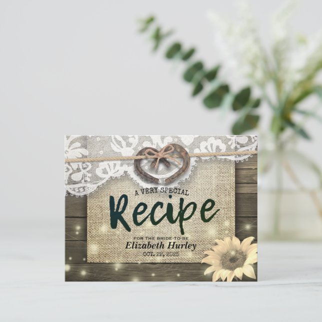Horseshoes Sunflowers Country Bridal Shower Recipe Invitation Postcard (Standing Front)