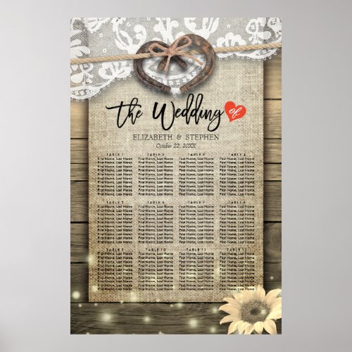 Horseshoes Sunflowers Wood Wedding Seating Charts