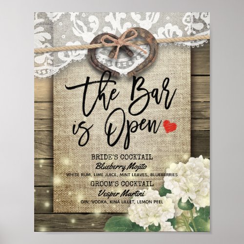 Horseshoes Wood Wedding The Bar is Open Drink Menu Poster