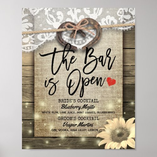 Horseshoes Wood Wedding The Bar is Open Drink Menu Poster