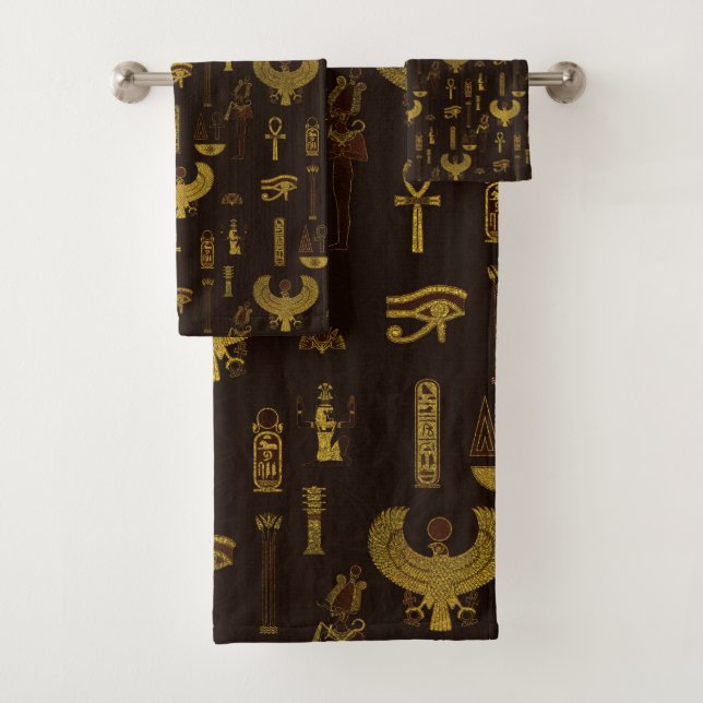 Horus Falcon  and Egyptian hieroglyphs pattern Bath Towel Set (Insitu)
