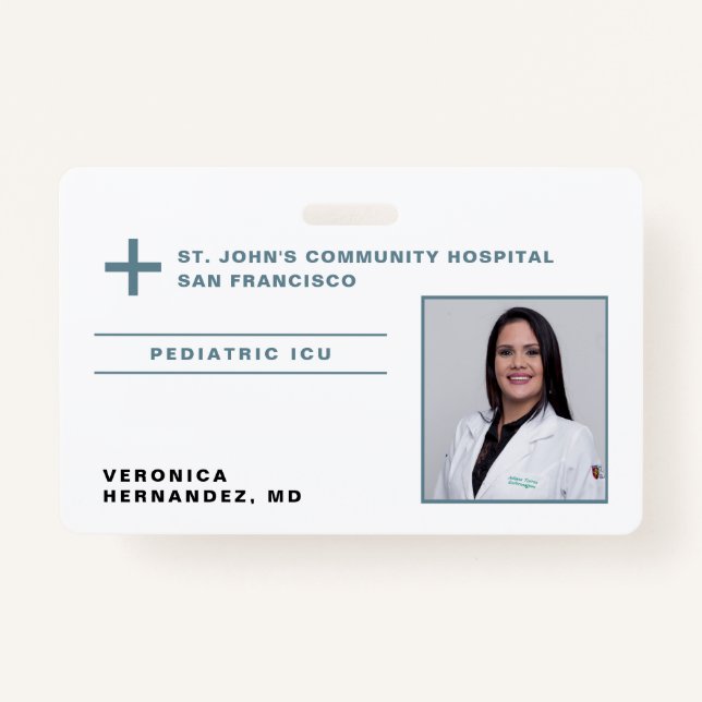 Hospital Blue Gray Medical Doctor Logo Photo ID Badge (Front)