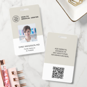Hospital Clinic Doctor Neutral Beige QR Code ID Badge
