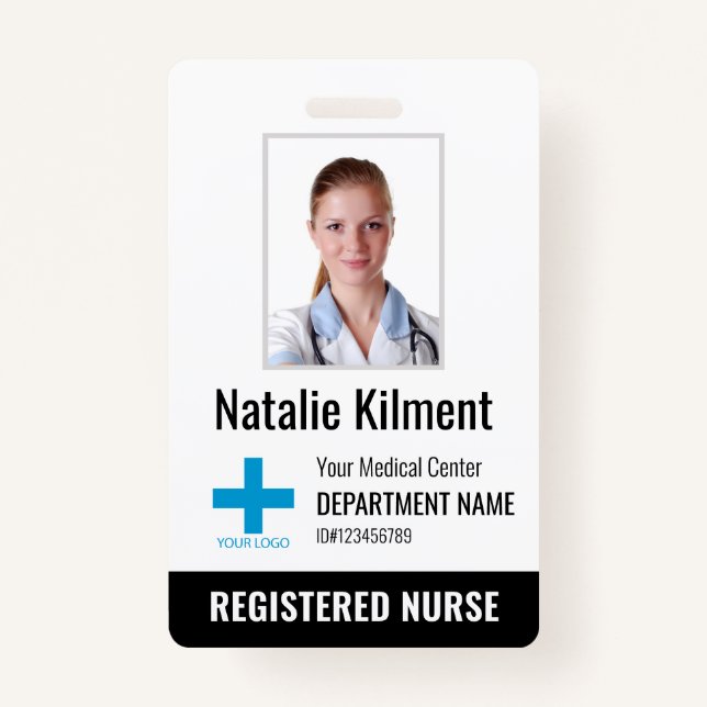Hospital Employee Photo Name Logo Black and White Badge (Front)