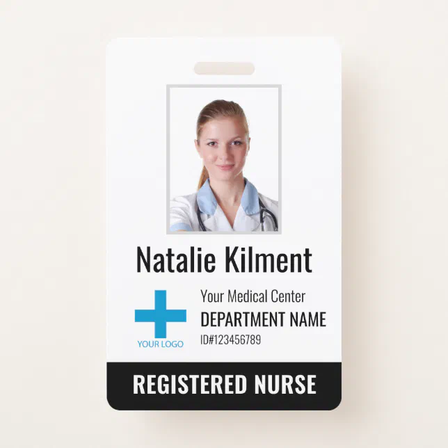 Hospital Employee Photo Name Logo Black and White Badge | Zazzle