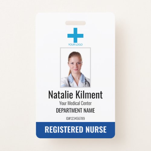 Hospital Employee Photo Name Logo Blue and White Badge