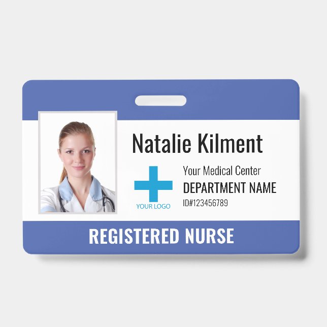 Hospital Employee Photo Name Logo Blue Black White Badge (Front)