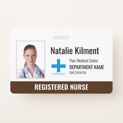 Hospital Employee Photo Name Logo Brown and White Badge