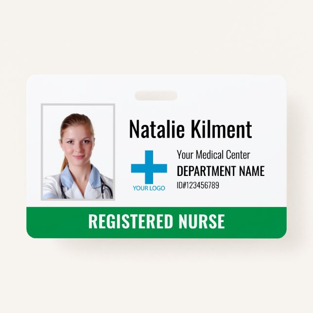 Hospital Employee Photo Name Logo Green and White Badge (Front)