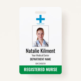 Hospital Employee Photo Name Logo Green and White Badge