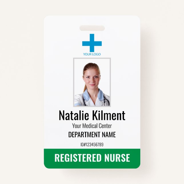 Hospital Employee Photo Name Logo Green and White Badge (Front)