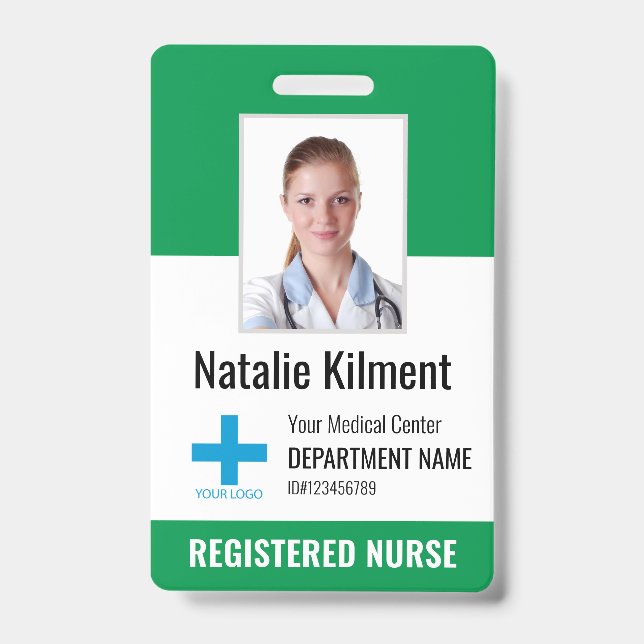 Hospital Employee Photo Name Logo Green and White Badge (Front)
