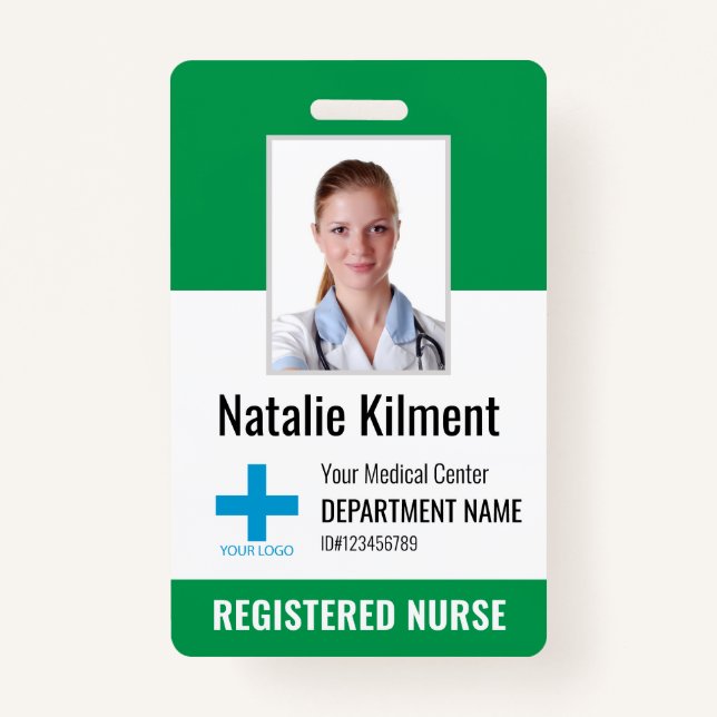 Hospital Employee Photo Name Logo Green and White Badge (Front)