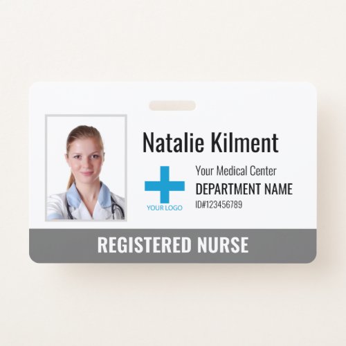 Hospital Employee Photo Name Logo Grey and White Badge
