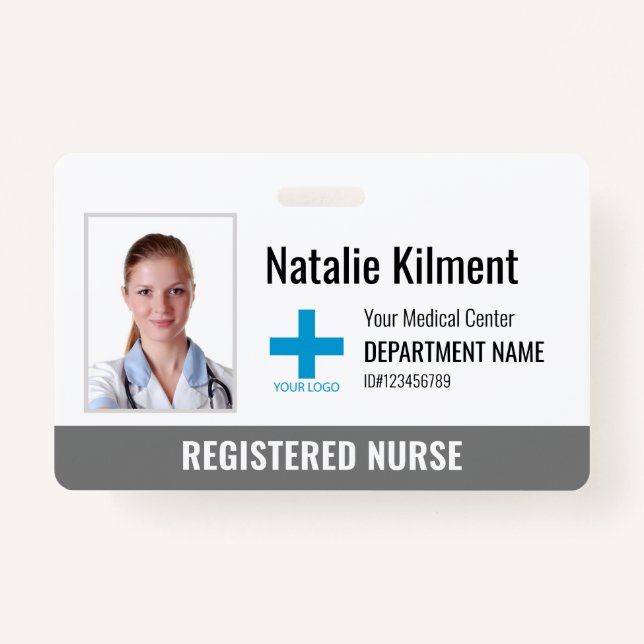 Hospital Employee Photo Name Logo Grey and White Badge (Front)