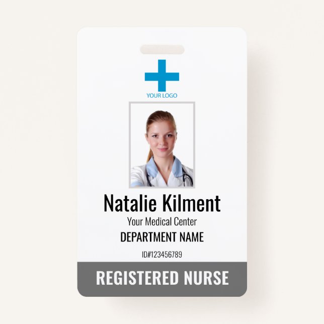 Hospital Employee Photo Name Logo Grey and White Badge (Front)