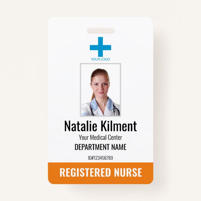 Hospital Employee Photo Name Logo Orange and White Badge (Front)