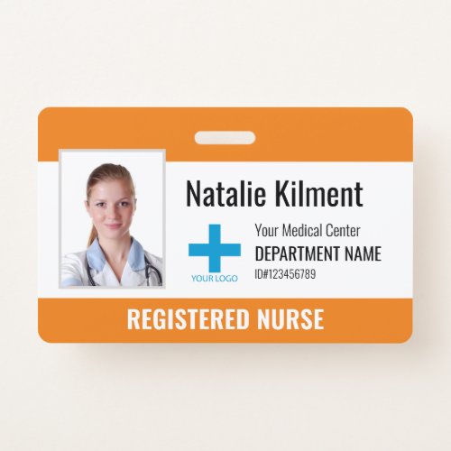 Hospital Employee Photo Name Logo Orange and White Badge