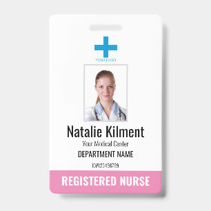 Hospital Employee Photo Name Logo Pink and White Badge