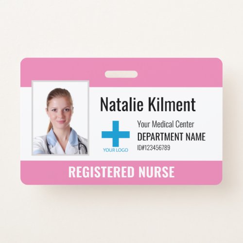 Hospital Employee Photo Name Logo Pink and White Badge