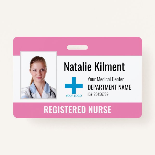 Hospital Employee Photo Name Logo Pink and White Badge (Front)