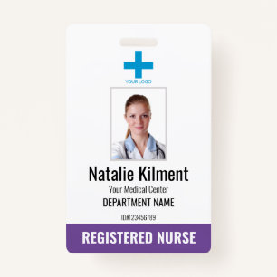 Hospital Employee Photo Name Logo Purple and White Badge