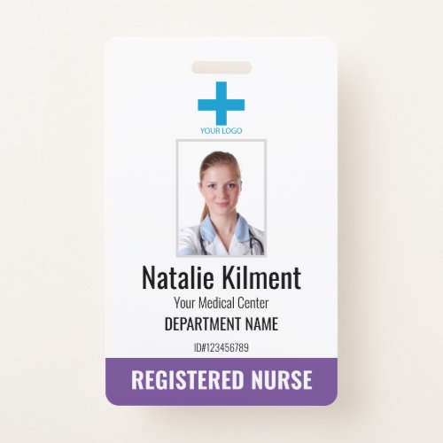 Hospital Employee Photo Name Logo Purple and White Badge