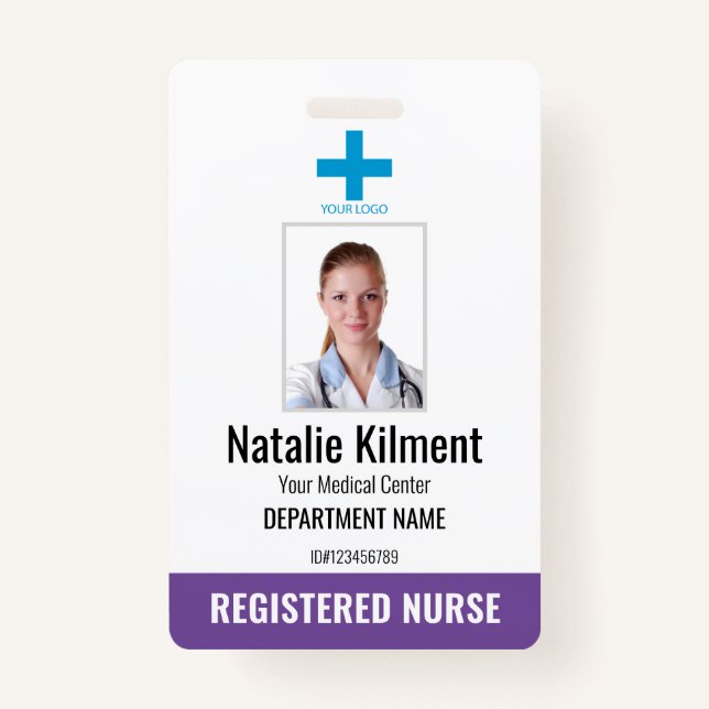 Hospital Employee Photo Name Logo Purple and White Badge (Front)