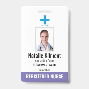 Hospital Employee Photo Name Logo Purple and White Badge