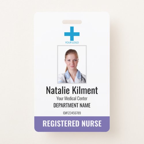Hospital Employee Photo Name Logo Purple and White Badge
