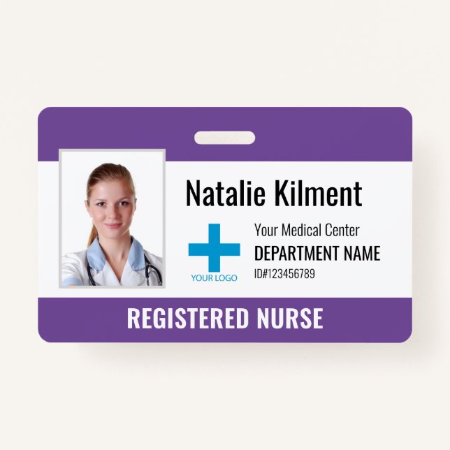 Hospital Employee Photo Name Logo Purple Violet Badge (Front)