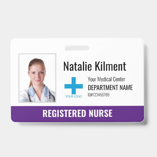 Hospital Employee Photo Name Logo Purple Violet Badge (Front)