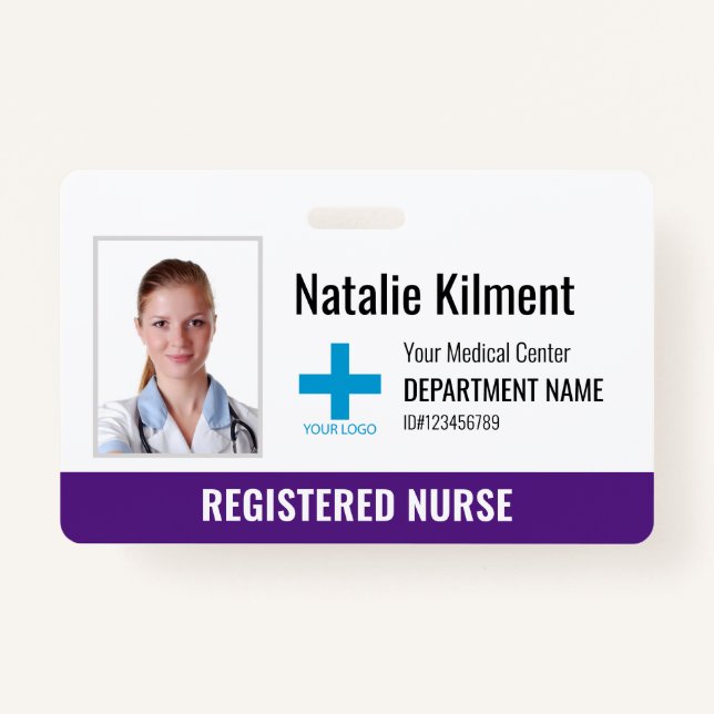 Hospital Employee Photo Name Logo Purple Violet Badge (Front)
