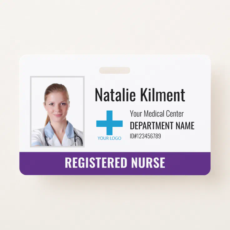 Hospital Employee Photo Name Logo Purple Violet Badge | Zazzle