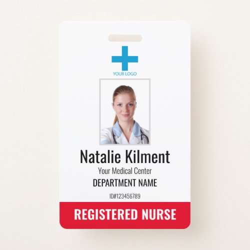 Hospital Employee Photo Name Logo Red and White Badge