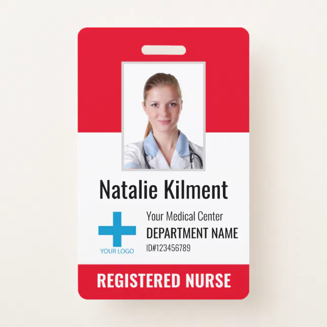 Hospital Employee Photo Name Logo Red Black White Badge | Zazzle