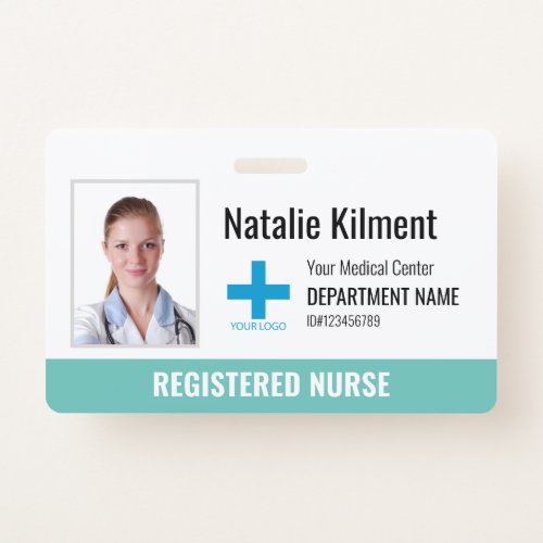 Hospital Employee Photo Name Logo Teal and White Badge
