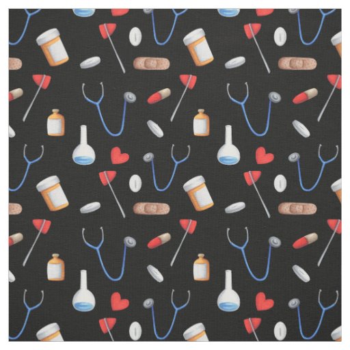 Hospital Equipment Patterned Black Blue and Red Fabric
