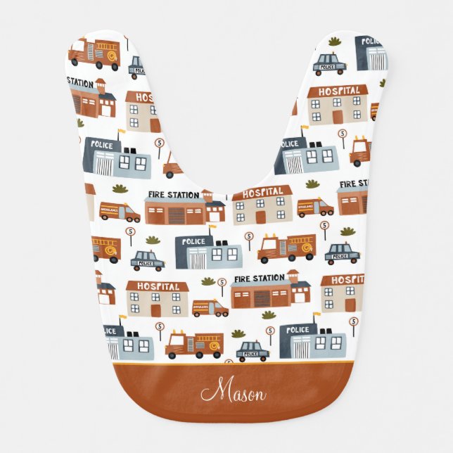 Hospital, Fire, Police City Pattern for Boys Baby Bib (Front)