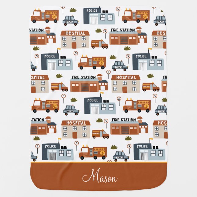 Hospital, Fire, Police City Pattern for Boys Baby Blanket (Front)