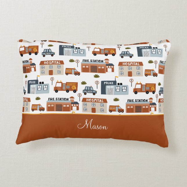 Hospital, Fire, Police City Pattern for Kids Accent Pillow (Back)