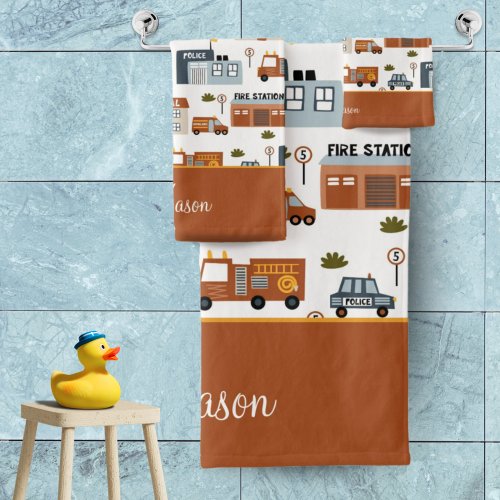 Hospital Fire Police City Pattern for Kids Bath Towel Set