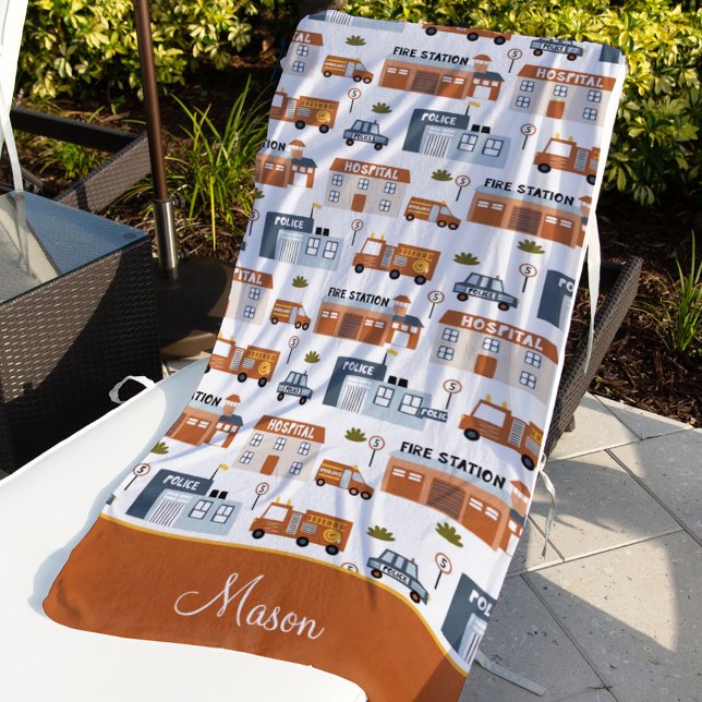 Hospital, Fire, Police City Pattern for Kids Beach Towel (Creator Uploaded)