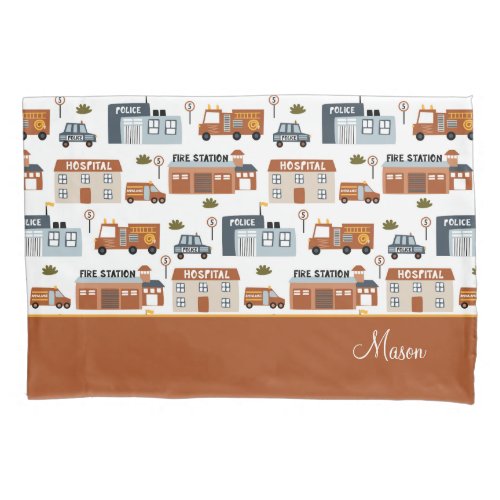 Hospital Fire Police City Pattern for Kids Pillow Case