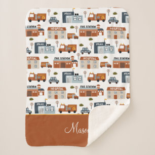 Hospital, Fire, Police City Pattern for Kids Sherpa Blanket