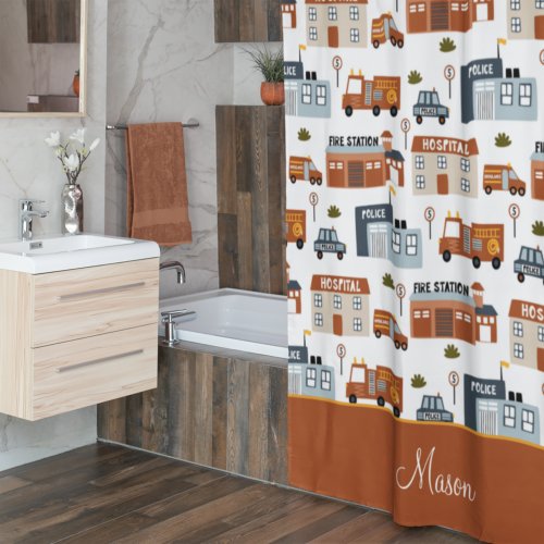 Hospital Fire Police City Pattern for Kids Shower Curtain