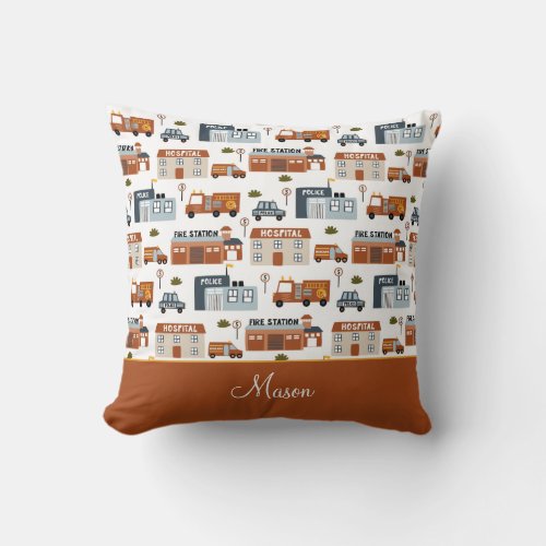 Hospital Fire Police City Pattern for Kids Throw Pillow