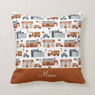 Hospital, Fire, Police City Pattern for Kids Throw Pillow