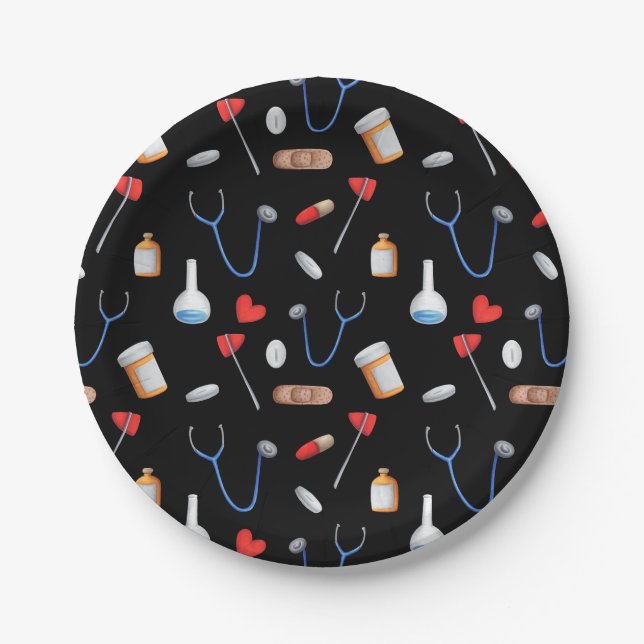 Hospital Nurse Medical Equipment Pattern Paper Plates (Front)
