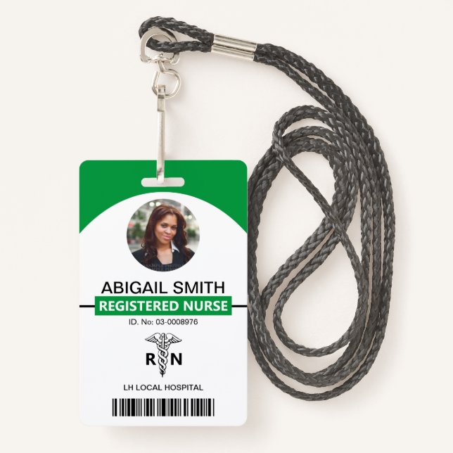 Hospital RN employee caduceus green photo template Badge (Front with Lanyard)